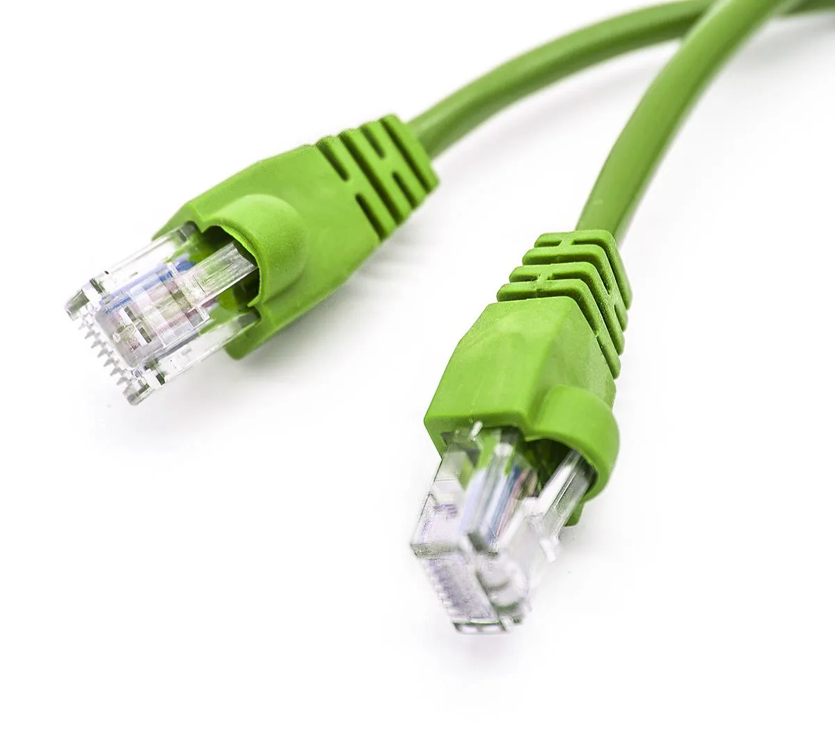 Twenty-five green Cat6 patch cables, each two feet long, coiled together