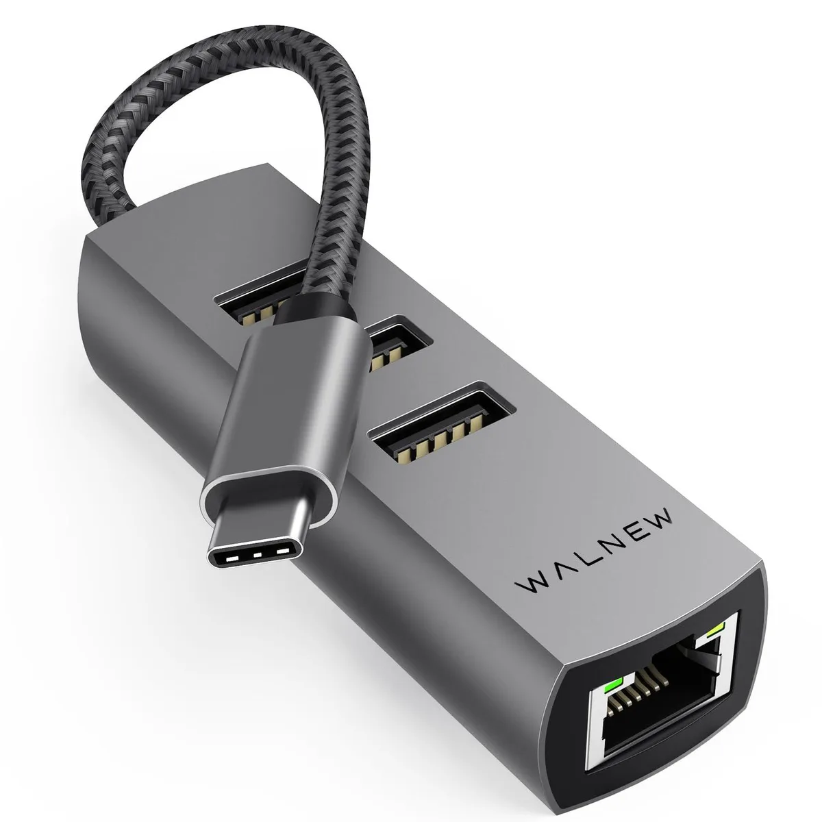 Compact gray USB-C adapter with RJ45 and USB-A ports