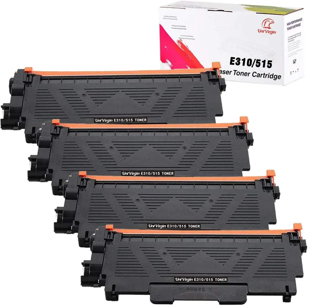 Four black toner cartridges in a rectangular box