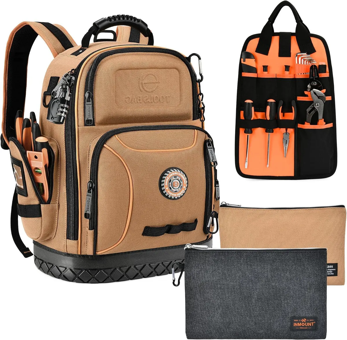 Brown tool backpack with molded base, combination lock, removable panel and 75 pockets