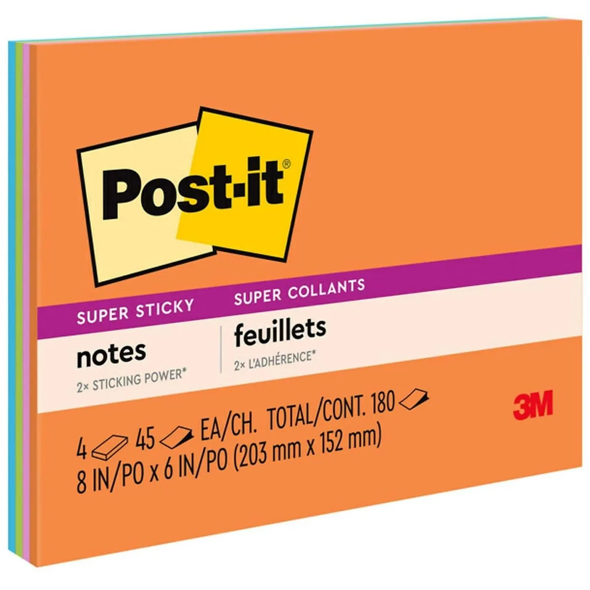 Four rectangular sticky-note pads in bright multicolor Energy Boost shades, 45 sheets each