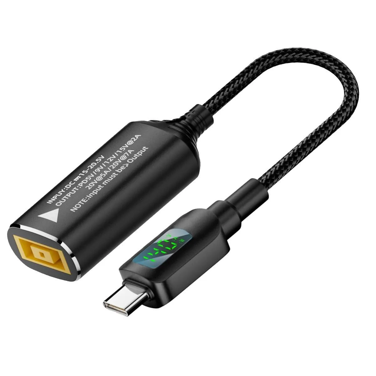 Short braided cable with rectangular jack one end USB-C the other small LED screen on plug 21cm long