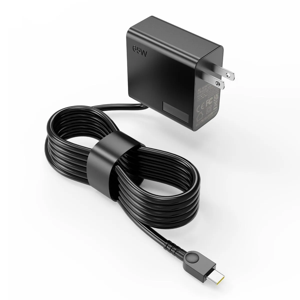 A compact black rectangular USB-C power adapter with a detachable two-pin mains cord