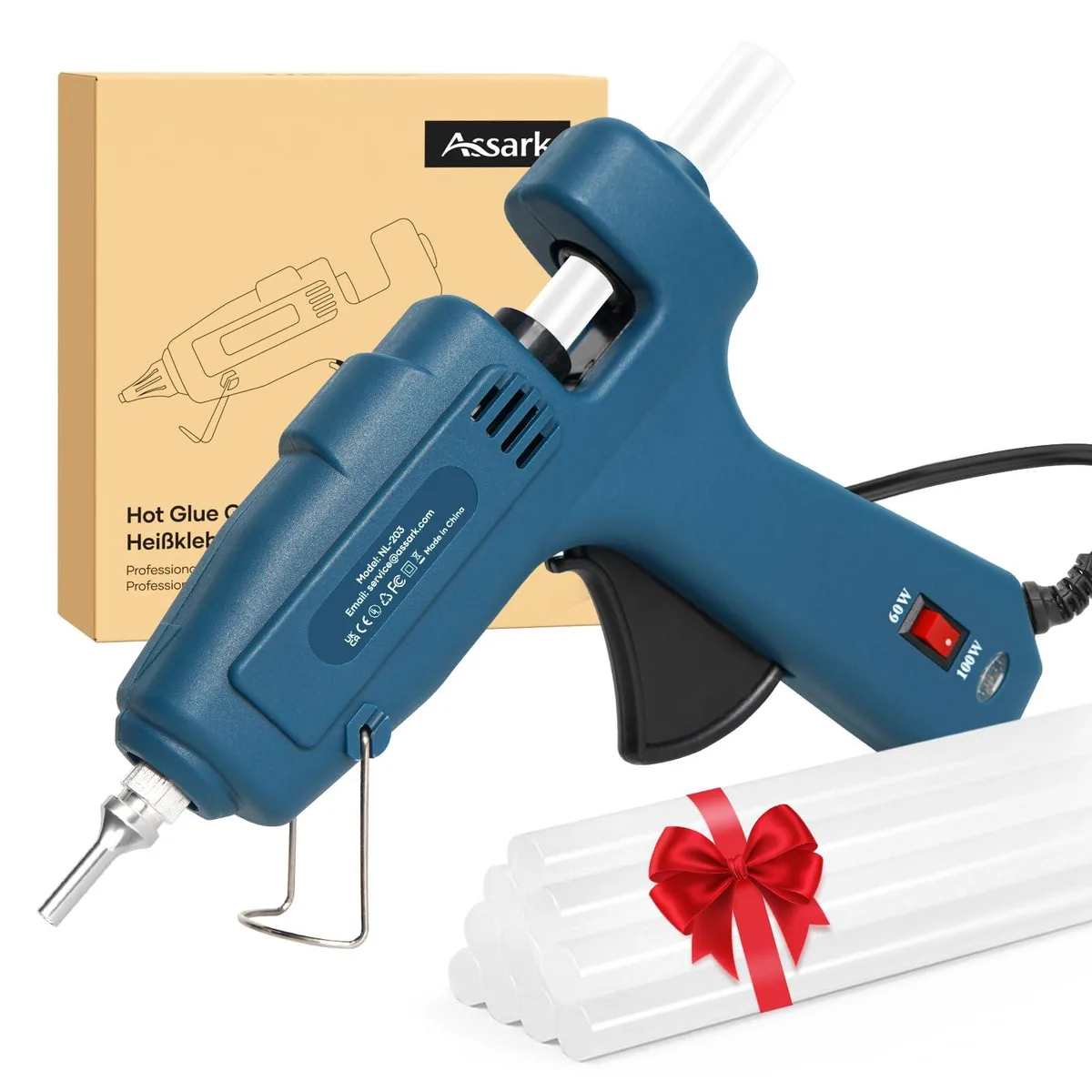 Blue corded hot glue gun with curved matte handle and ten glue sticks