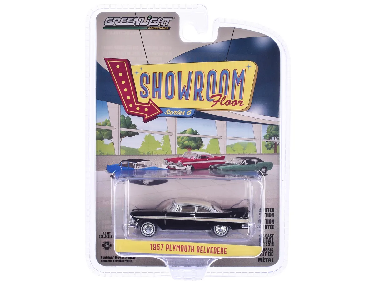 GREENLIGHT GREENLIGHT 1957 Plymouth Belvedere Jet Black "Showroom Floor" Series 6 1/64 Diecast Car — product photo