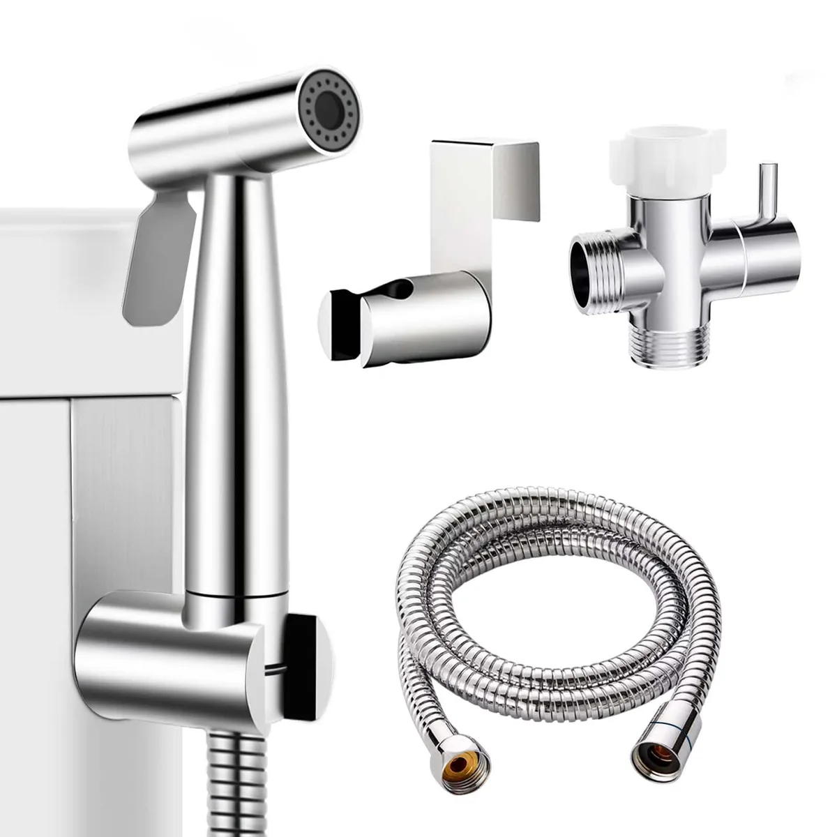 Black handheld bidet sprayer with 49 inch stainless steel hose and wall bracket