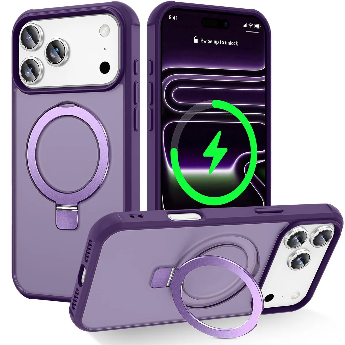 Purple ViewSonic iPhone 17 Pro Max case with metal ring stand, matte metallic finish