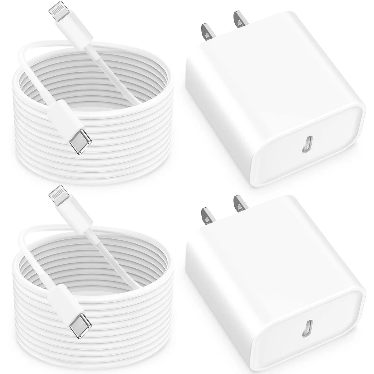 Two white USB-C wall chargers with two white USB-C to Lightning cables, each six feet long