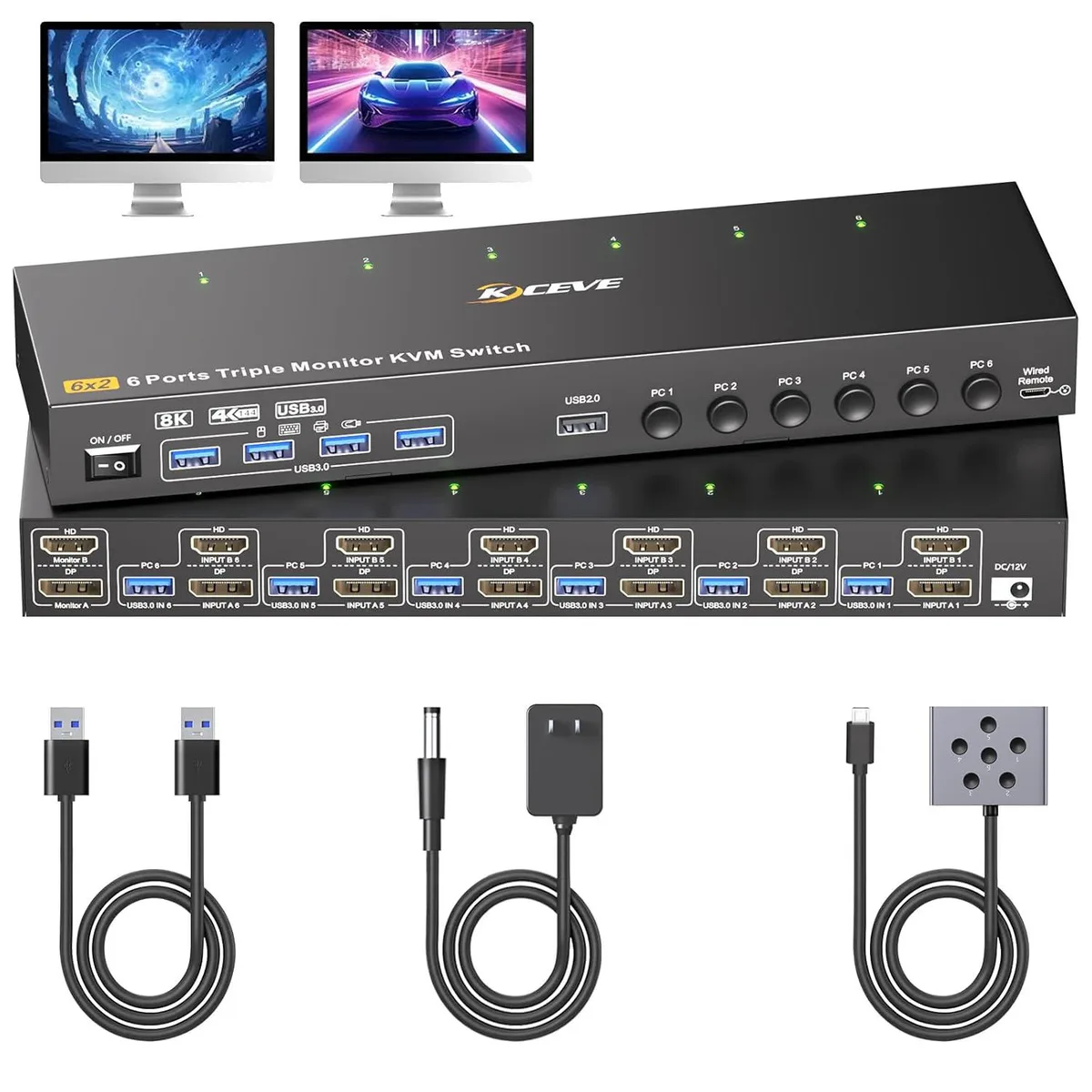AUTYUE AUTYUE KCKVM602 KVM Switch 6-Port 2-Monitor 8K@60Hz 4K@144Hz USB 3.0 — product photo