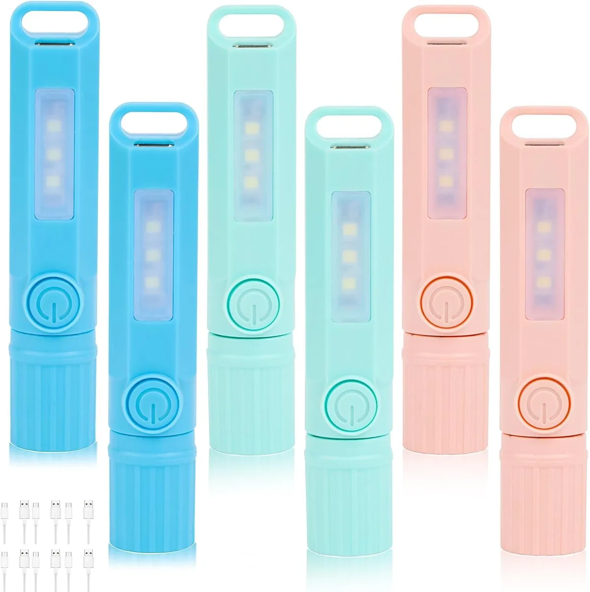 Six small plastic flashlights with USB-C ports and extendable heads, each about four inches long