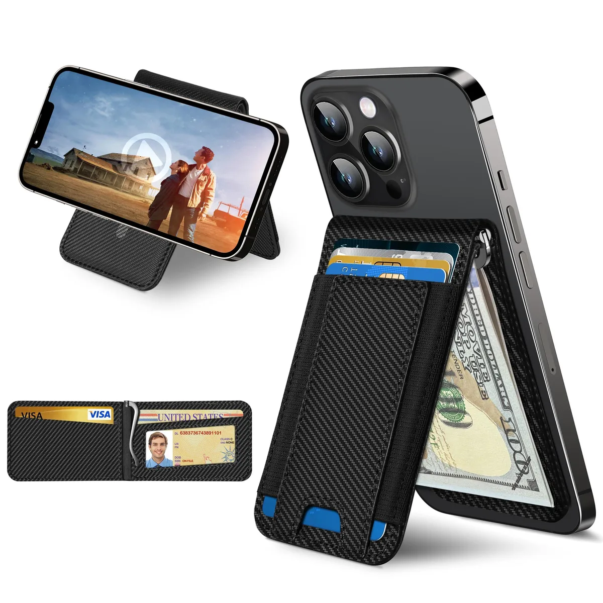 ExtreLife MagSafe Wallet with Money Clip Carbon Fiber Black — product photo