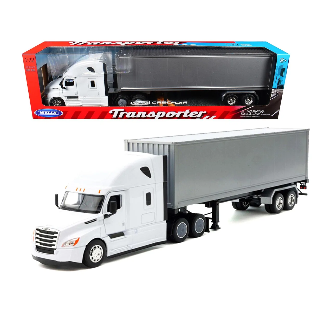 WELLY WELLY Freightliner Cascadia Transporter 1/32 Diecast Truck White Gray Container — product photo