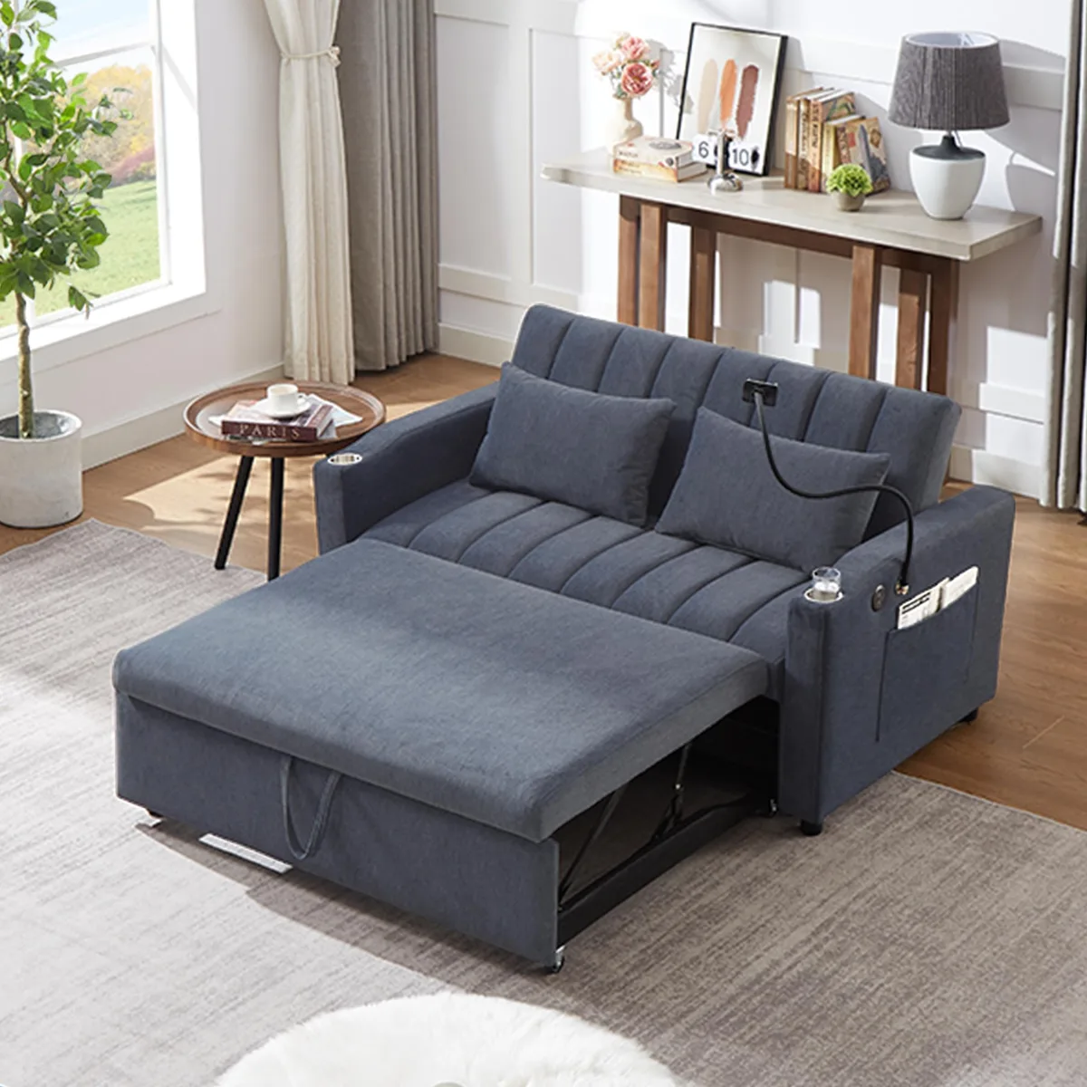 Blue-grey polyester convertible loveseat with USB ports and cup holders