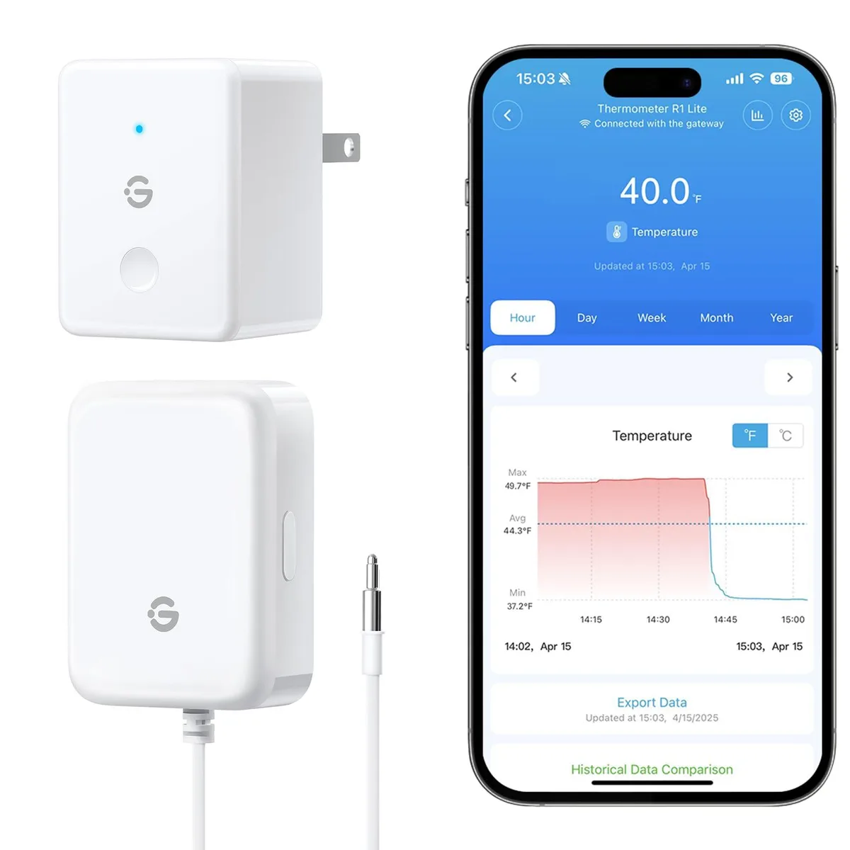 White rectangular thermometer with magnetic back, thin probe cable, and side button
