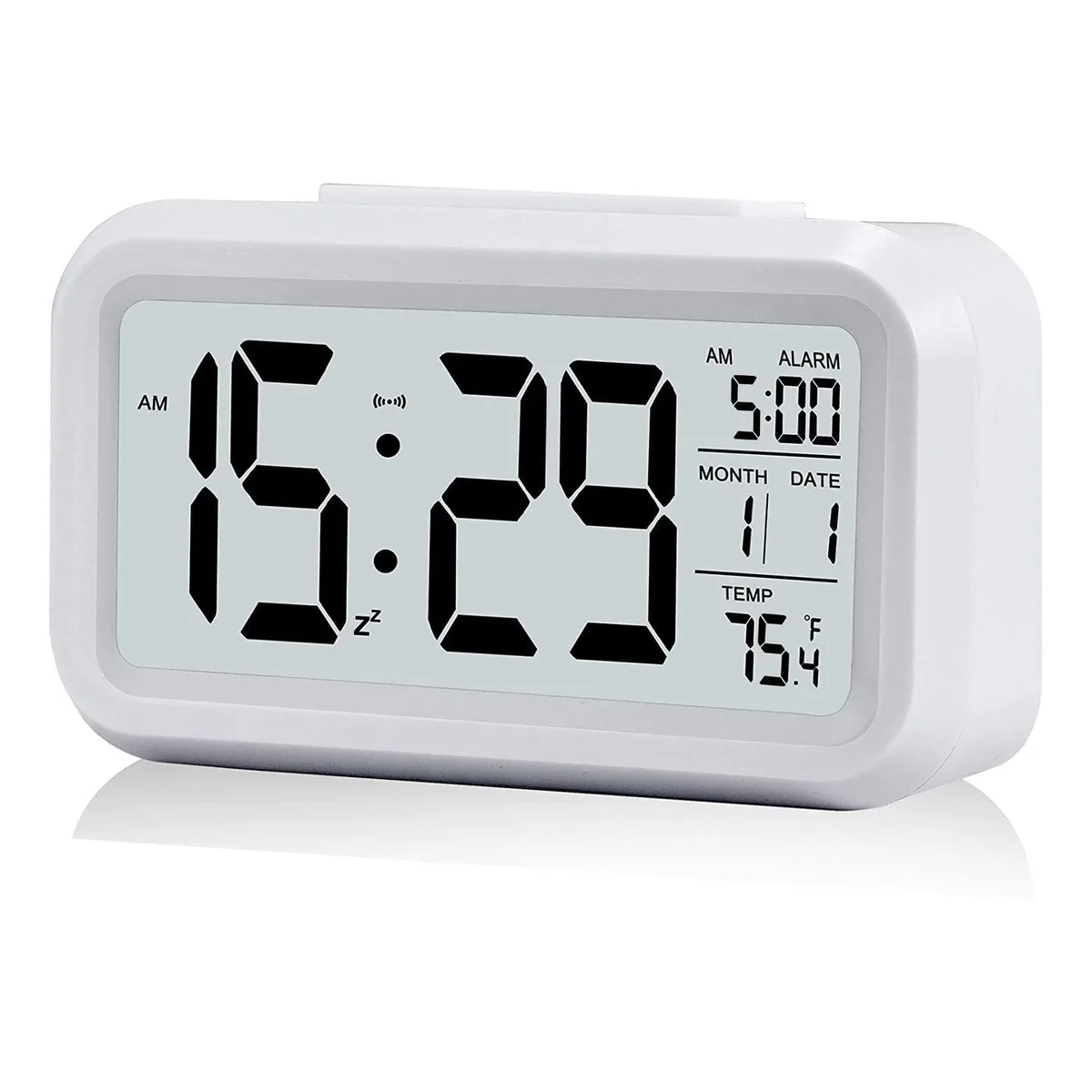 QKUDNGHY Smart Sensor White LCD Clock Temp Date Backlight — product photo