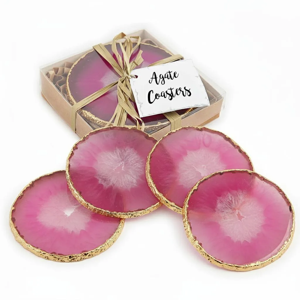 Vandue Corporation Vandue Corporation Set of 4 Natural Agate Stone Coasters Pink w/Gold Edge — product photo