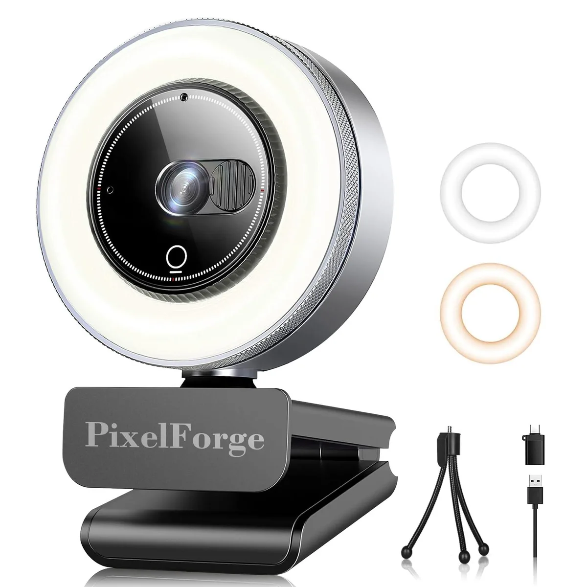 Silver ultra-compact webcam with built-in ring light, privacy cover and noise-canceling microphone