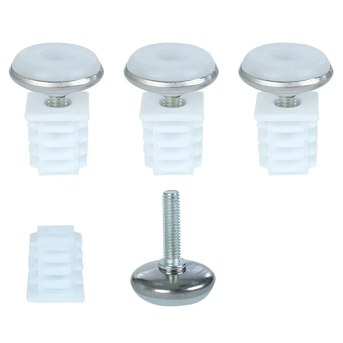 Four sets of 19 mm square tube inserts with adjustable threaded feet and plastic bases