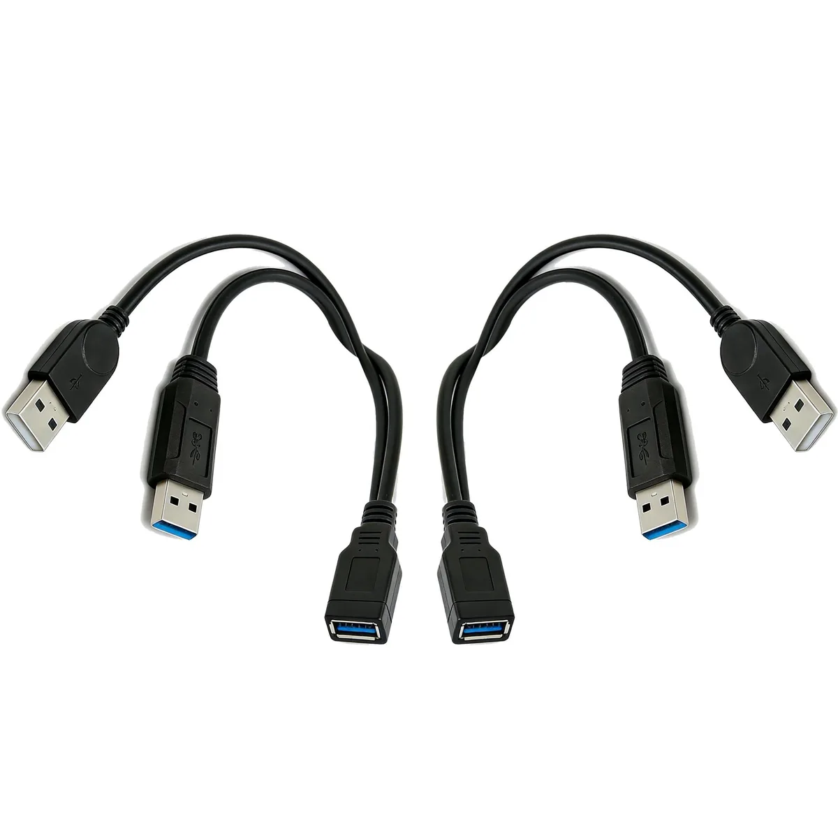 Two short black USB Y-cables, each with one female and two male Type-A plugs