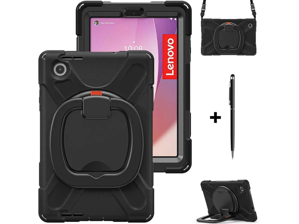 Black shockproof tablet case with rotating kickstand, hand strap and detachable shoulder strap