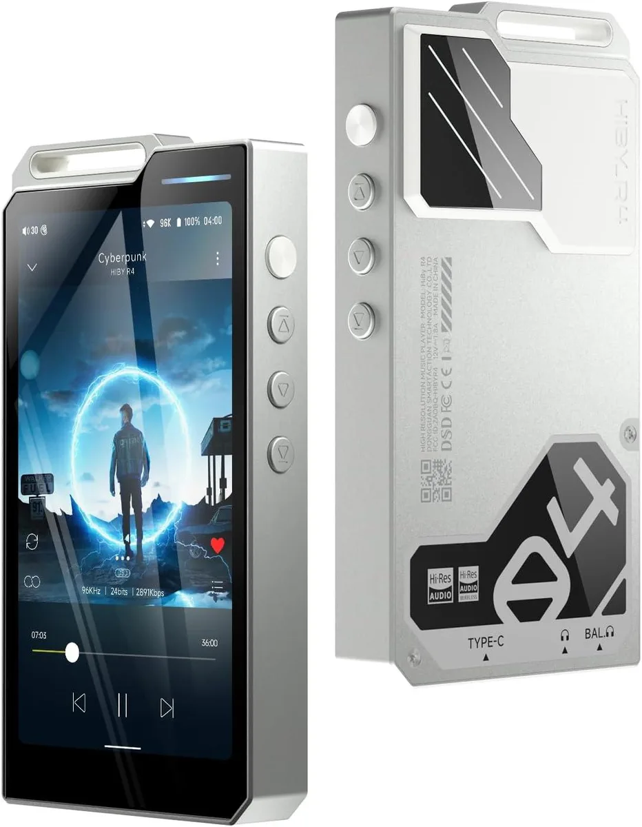 Silver rectangular portable audio player with a 4.7-inch screen, dual headphone jacks and a matte metal finish