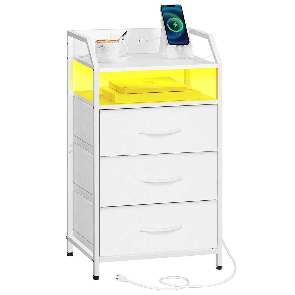 White rectangular end table with three fabric drawers, open shelf, metal frame and LED strip