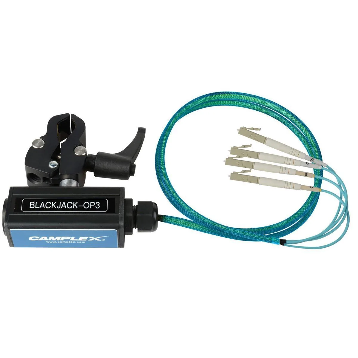 Camplex opticalCON QUAD to four LC breakout adapter with aluminum clamp and protective tubing