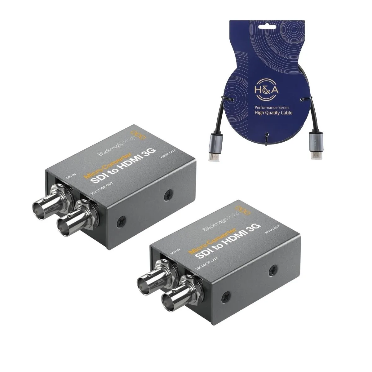 Two compact metal boxes with SDI and HDMI ports