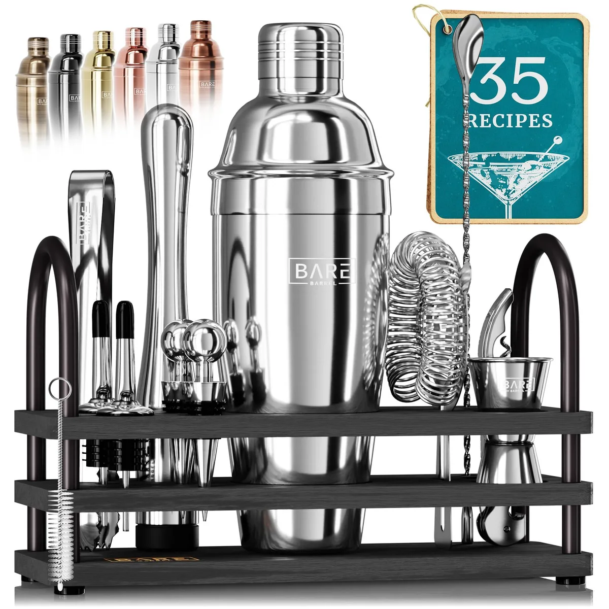 Black stainless steel bar tools in a bamboo organiser with recipe cards