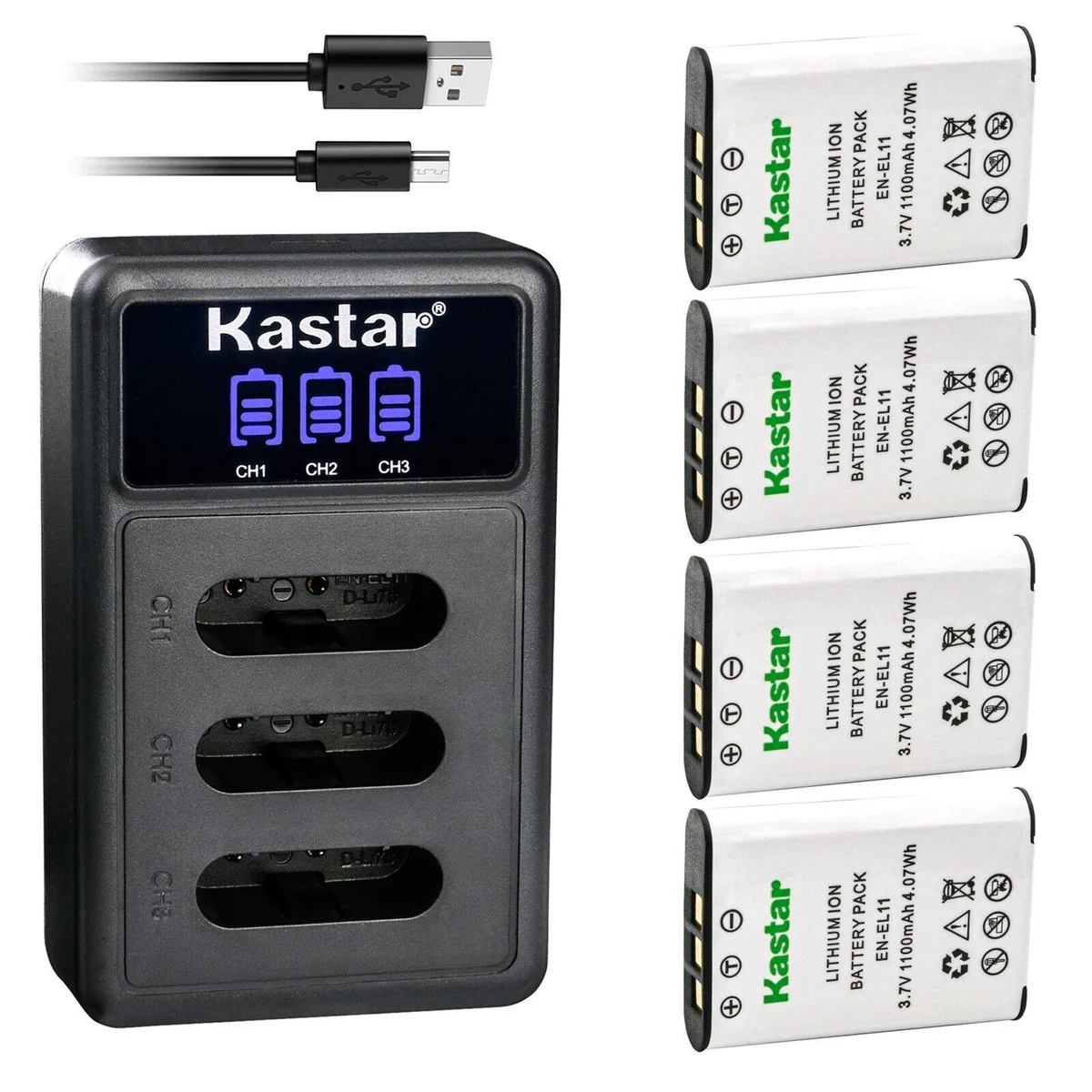 Kastar Kastar EN-EL11 4-pack batteries &amp; LCD triple USB charger — product photo