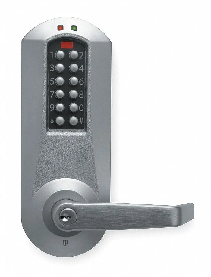 Satin chrome cylindrical electronic lock with 12-button metal keypad and lever handle