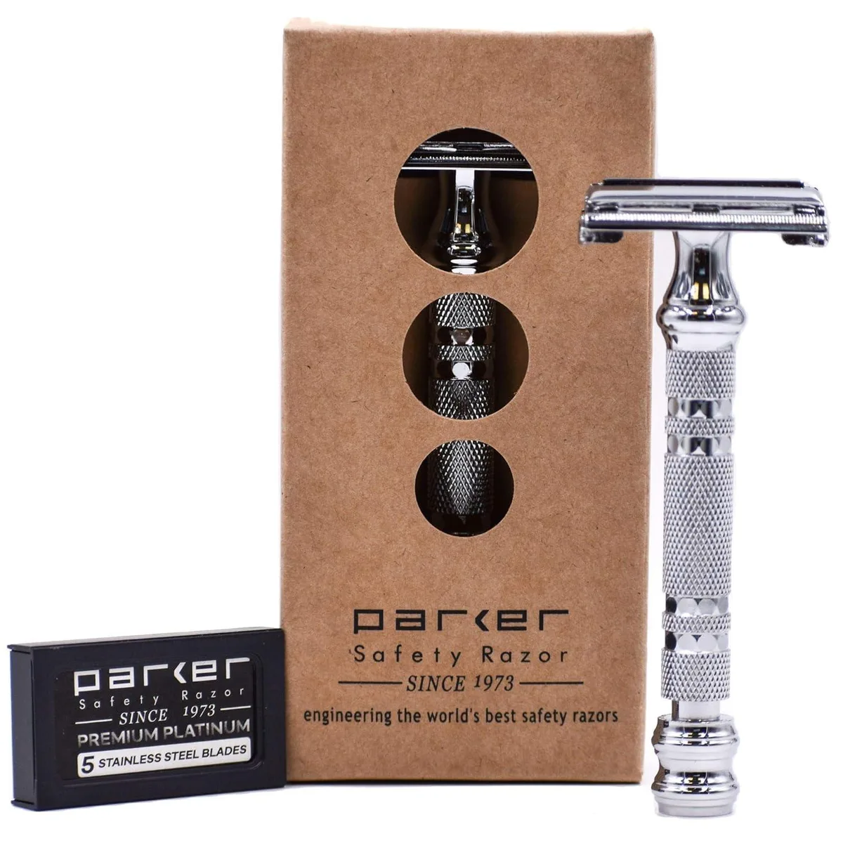 Long-handle brass safety razor with graphite finish and twist-to-open head