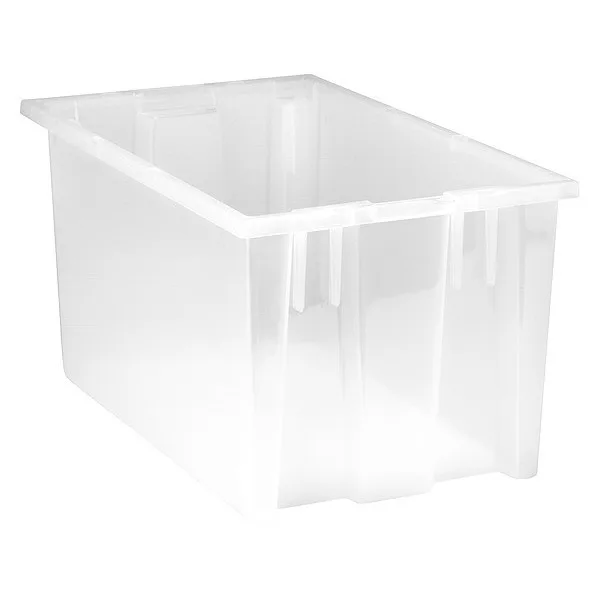 Clear polypropylene stacking bin 18 by 11 by 9 inches