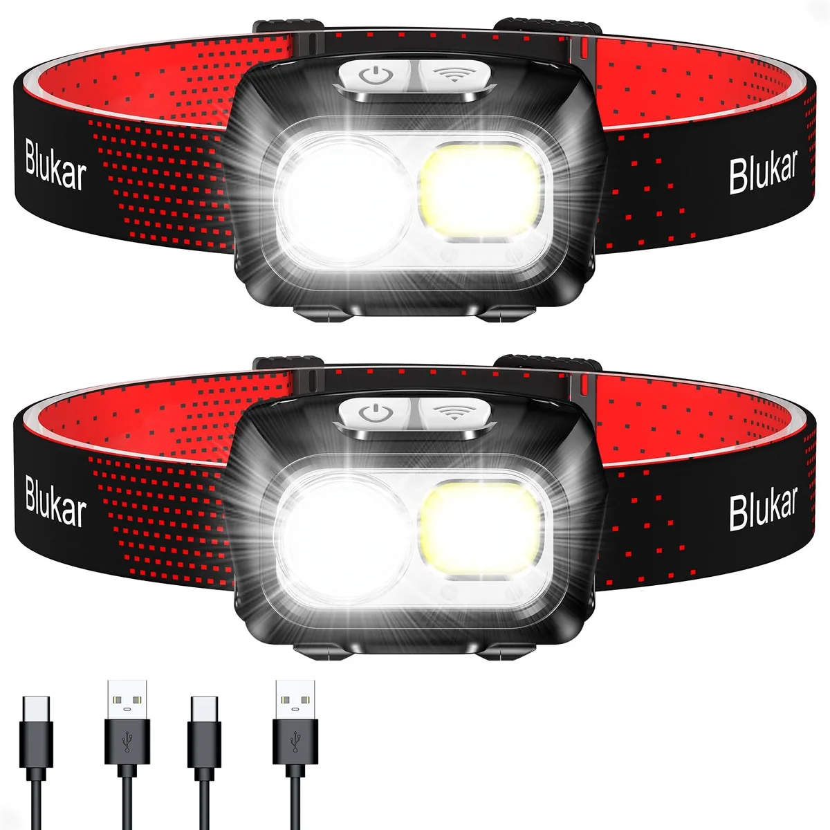 Two black rectangular headlamps with adjustable tilt and USB-C ports