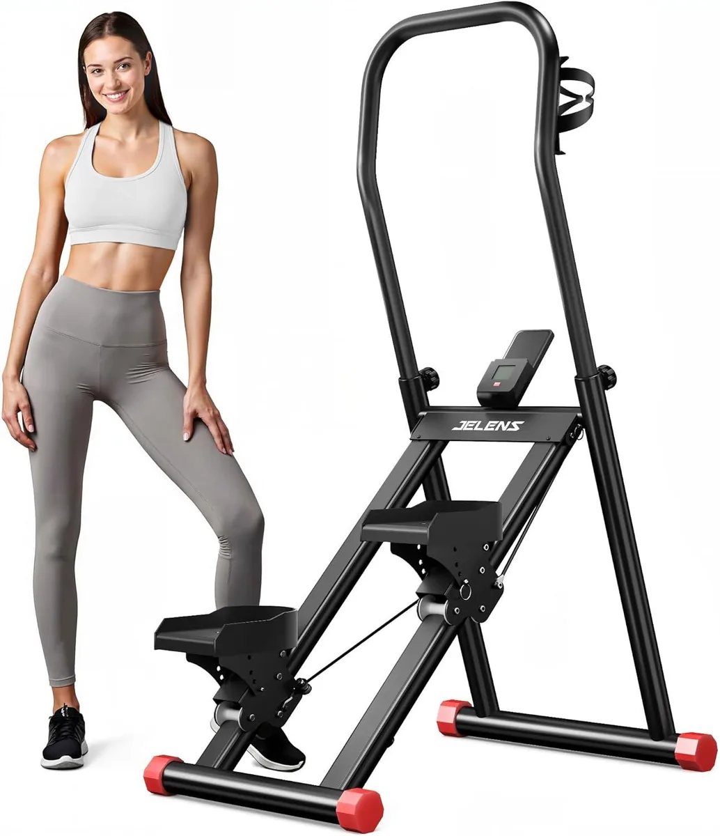 Silver folding vertical climber with adjustable pedals and handlebars, shown upright against a light background