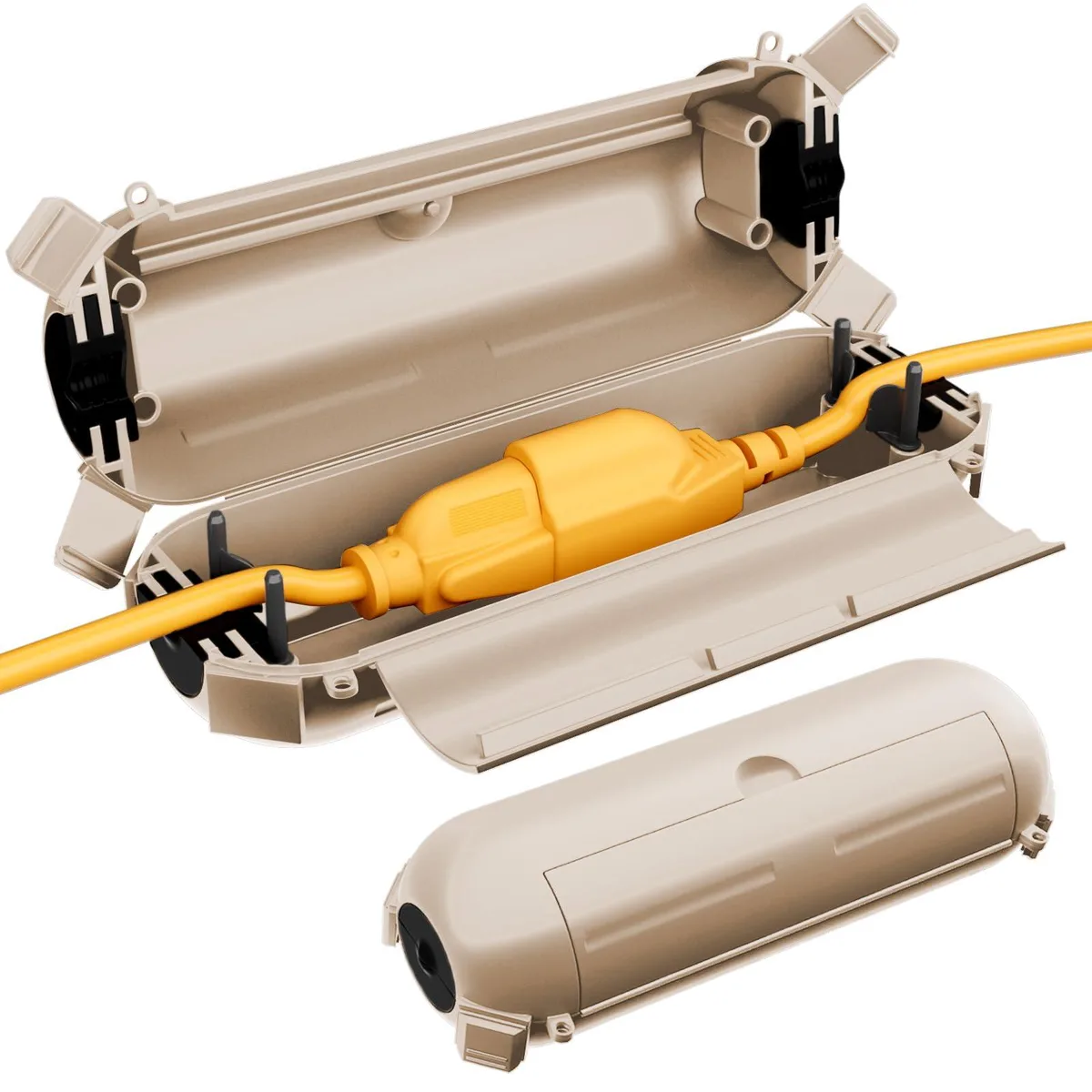 Two almond-coloured cord covers, compact rectangular boxes with latching lids and cable entry ports
