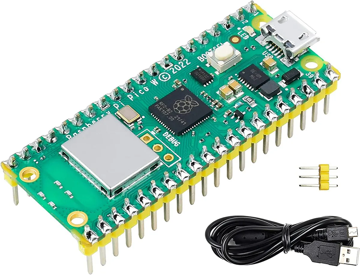 Green rectangular circuit board with pre-soldered header pins and onboard wireless chip