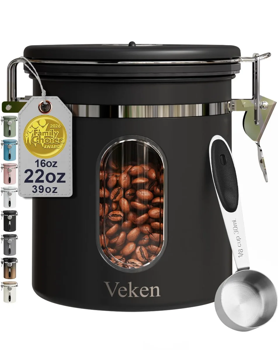Black 16 oz cylindrical canister with clear window and stainless steel lid
