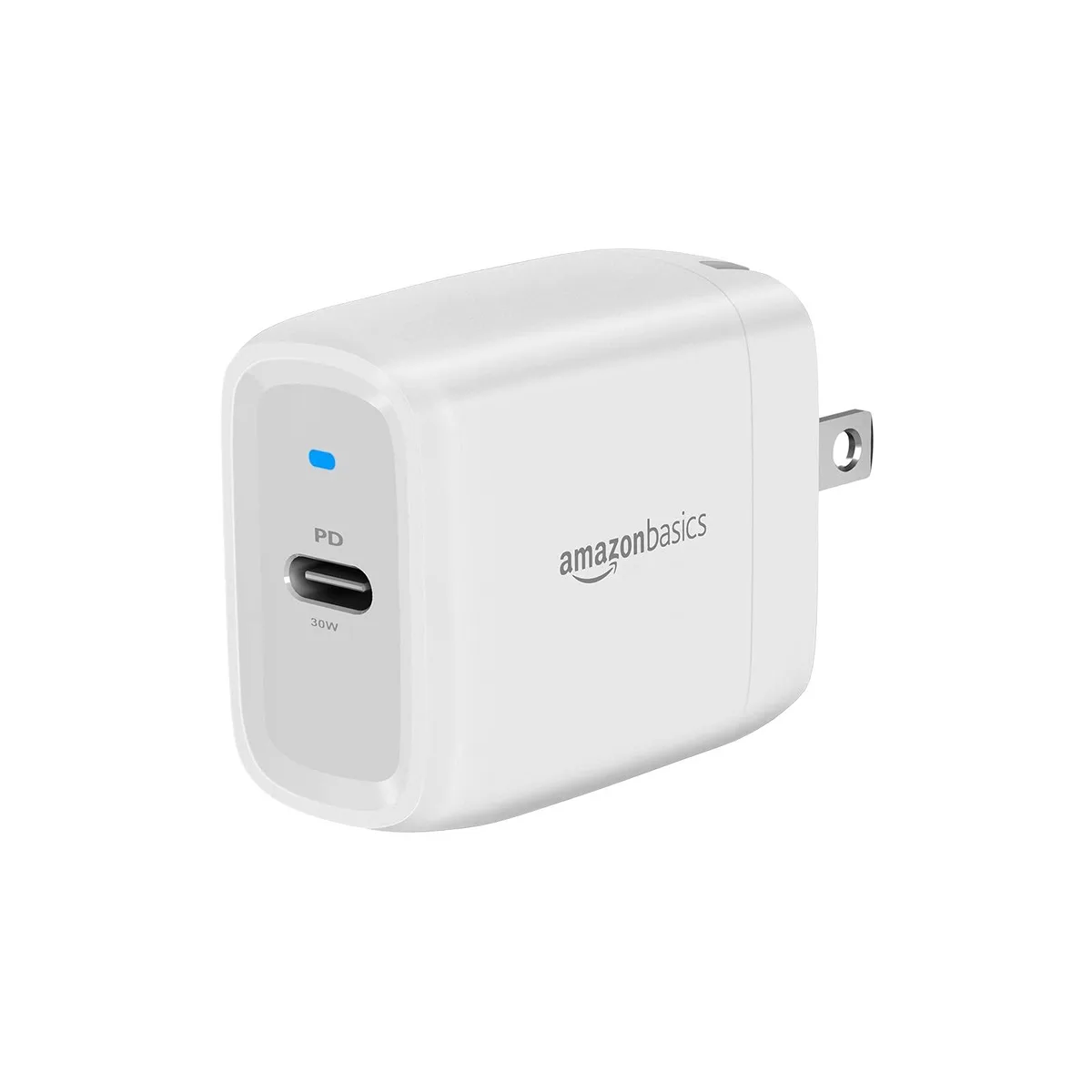 Compact white USB-C wall charger with foldable plug and blue LED indicator