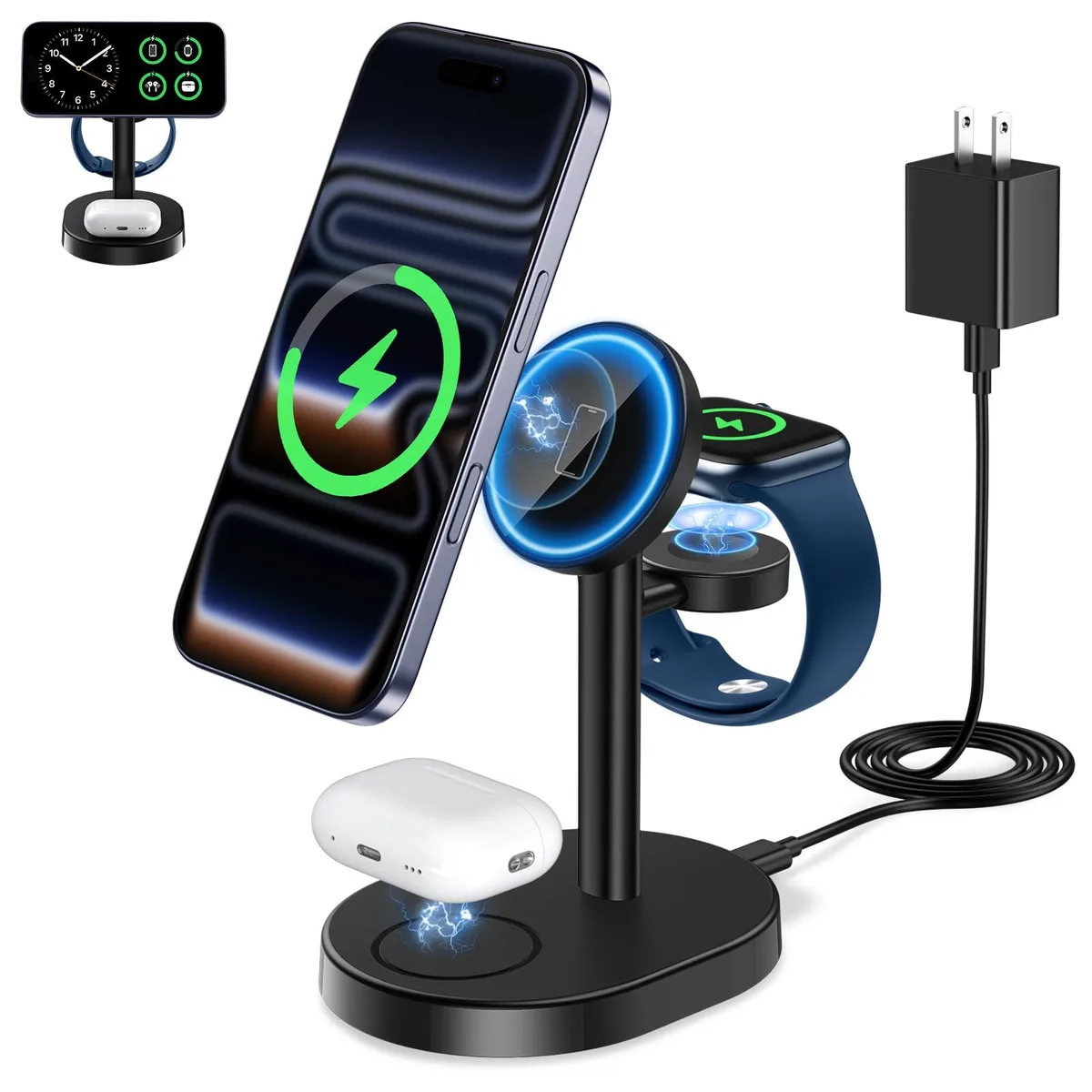 White three-in-one MagSafe charging stand with rotating phone cradle, Apple Watch puck and AirPods base