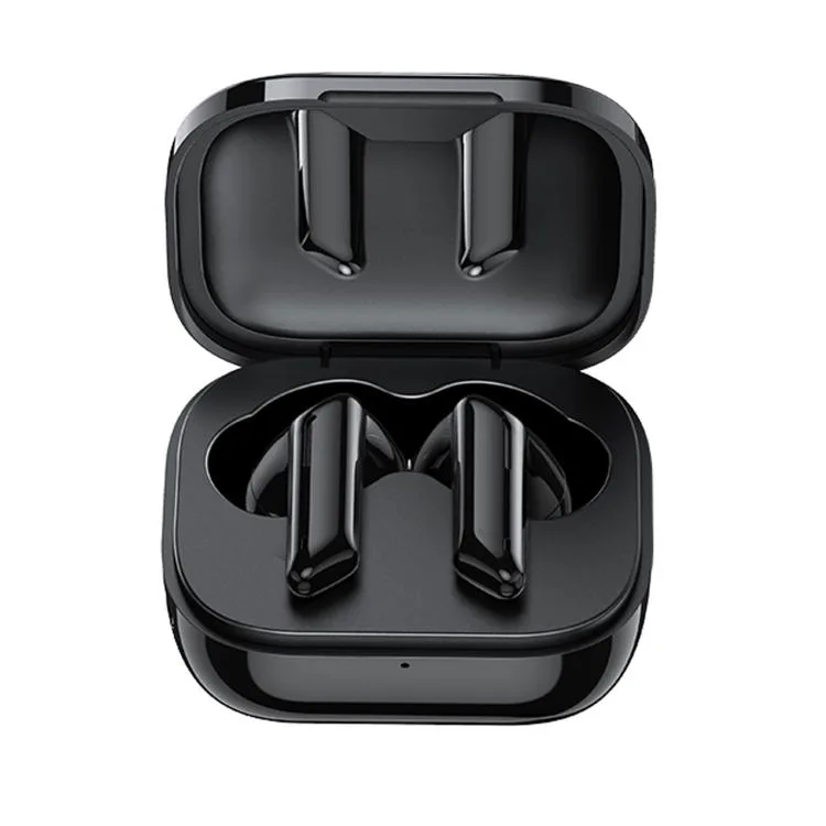 Black true wireless earbuds in a compact charging case