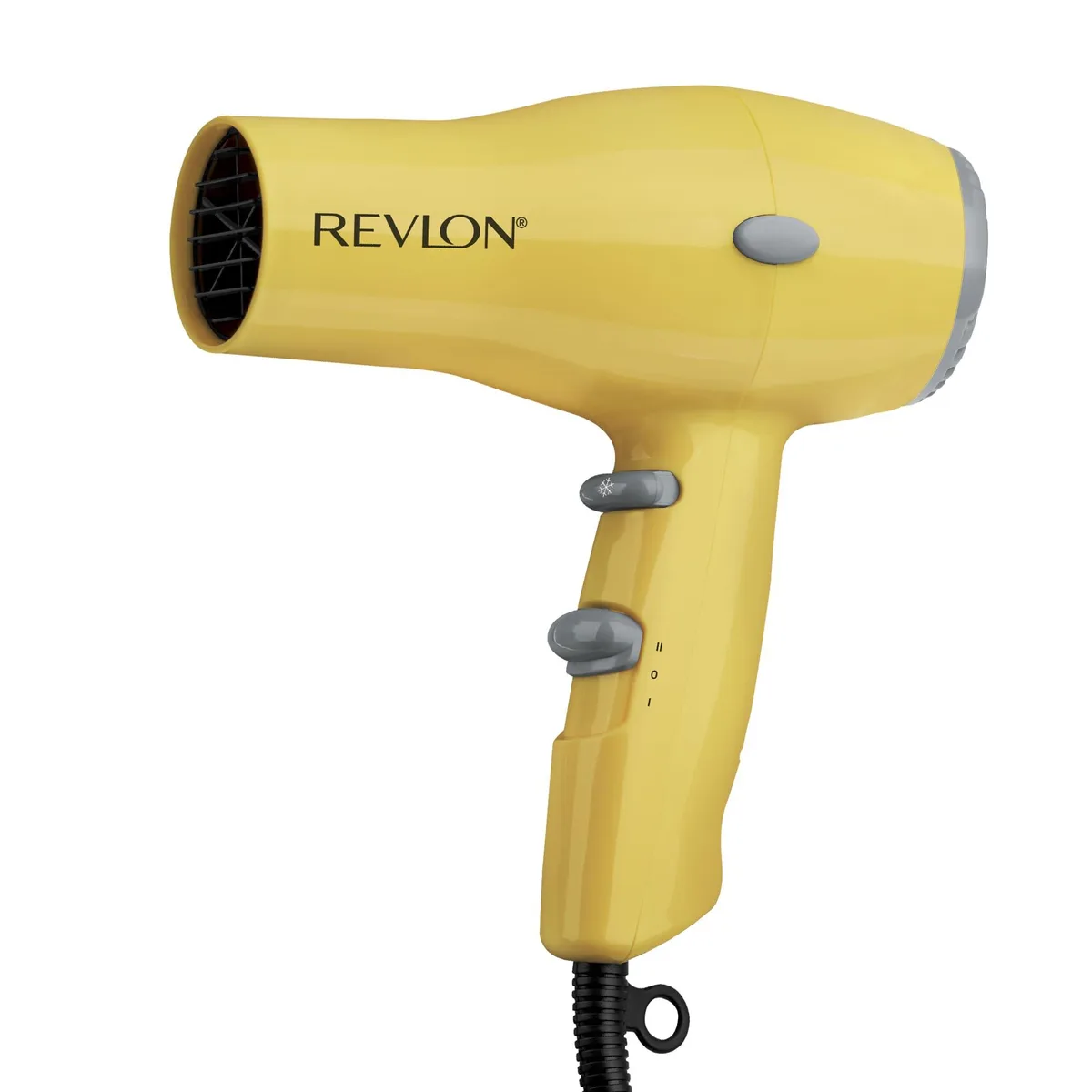 Compact yellow hair dryer, lightweight plastic body, cool shot button, corded electric
