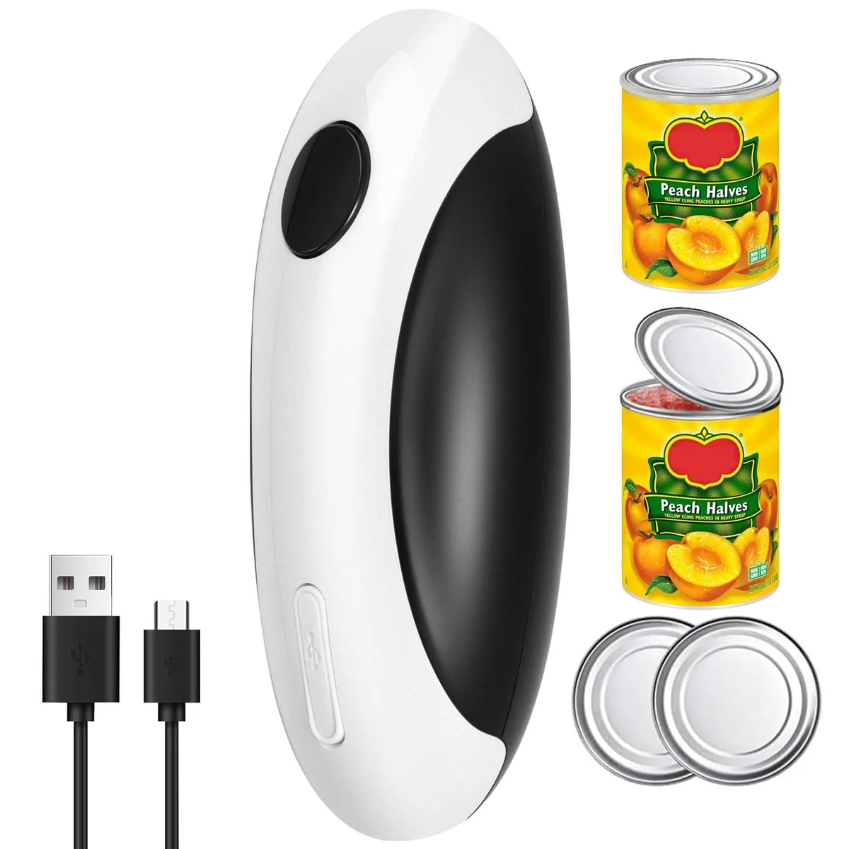 Compact automatic can opener in black and white with stainless steel blade, USB-C rechargeable, smooth rounded body