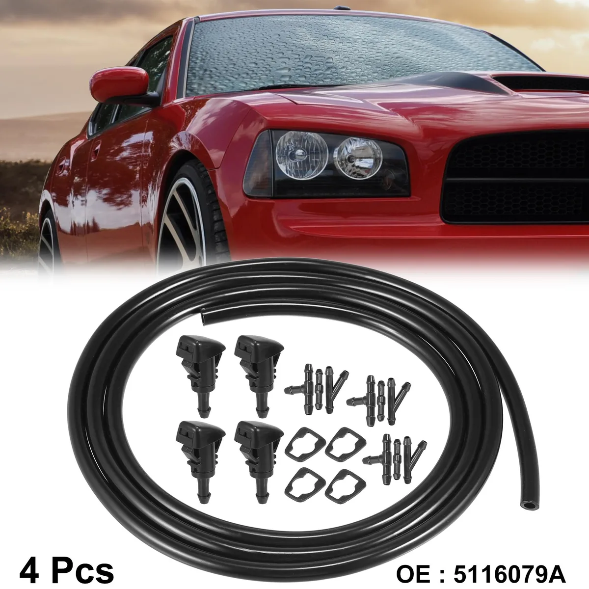Black plastic windshield washer nozzle kit with hose and connectors