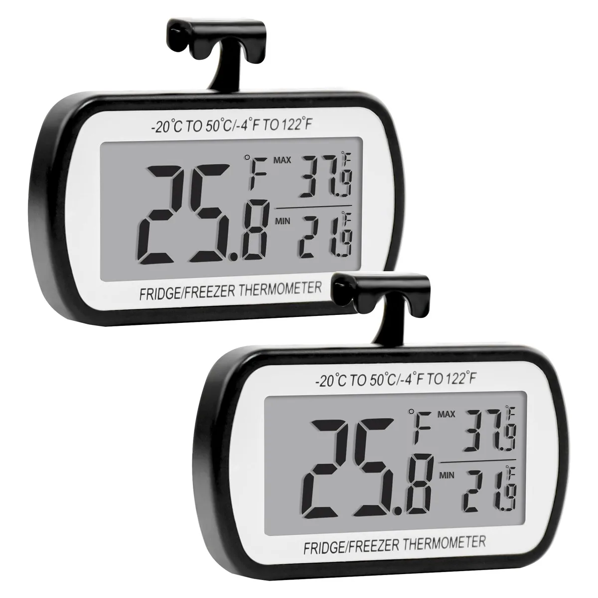 Two small black rectangular digital thermometers with large LCD screens and magnetic backs