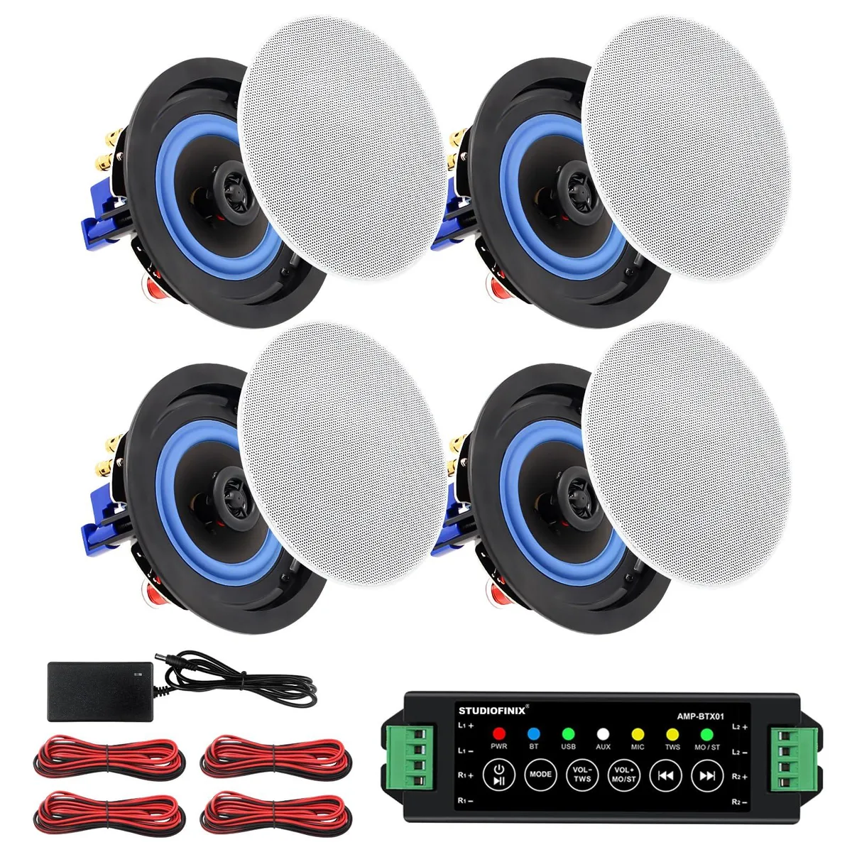 Four round white in-ceiling speakers with silver grilles and a compact flush-mount design