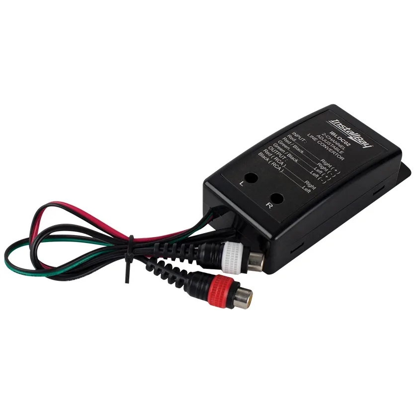 Small black box with wired input and two RCA outputs