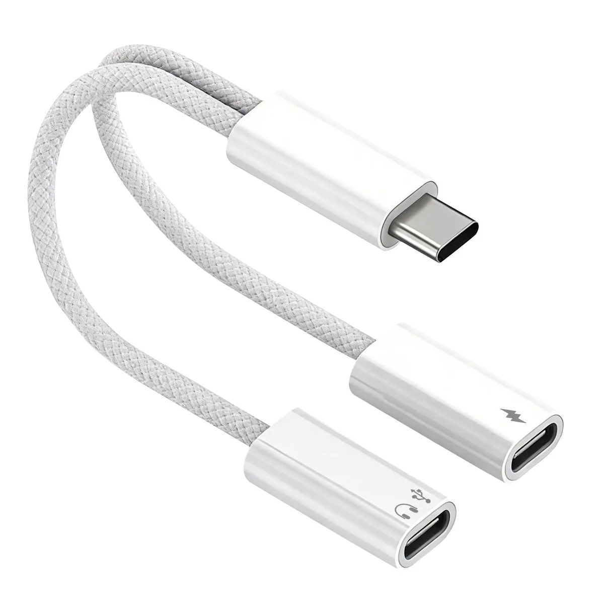 Short braided cable with USB-C plug splitting to two USB-C ports, aluminium finish