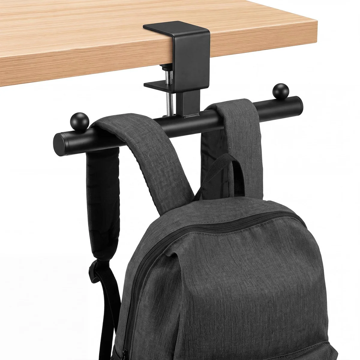 Black carbon-steel desk hook, 27.5 cm bar with round ends, adjustable clamp up to 3.3 cm thick