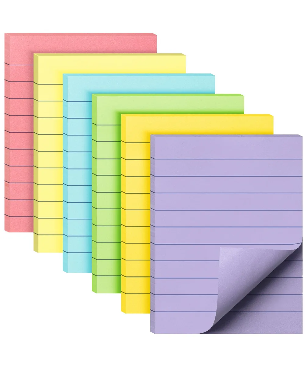 Six pastel-coloured lined sticky-note pads, 3 by 4 inches